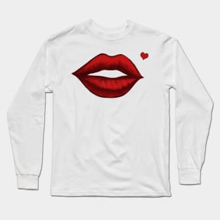 Red Kissing Lips With Heart Shaped Beauty Mark Long Sleeve T-Shirt